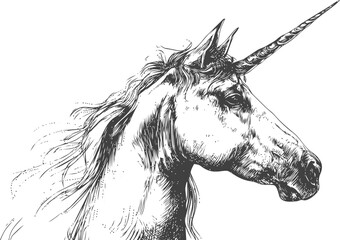 Unicorn vector sketch hand drawn line art on icon, unicorn head in vintage engraving style — stock vector