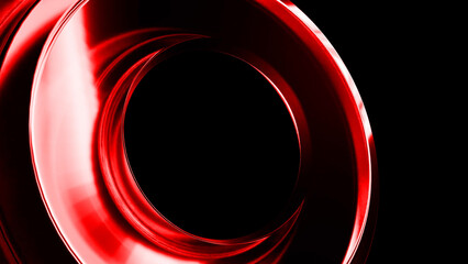 Abstract red metallic ring rotating against a black background, generating a dynamic and futuristic...