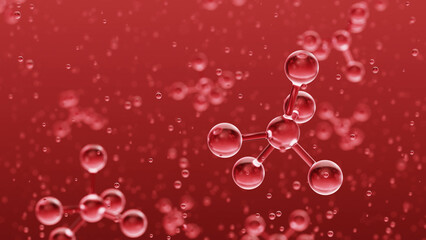 Red molecules floating in a red liquid create a scientific and abstract background, perfect for projects related to chemistry, biology, or medicine