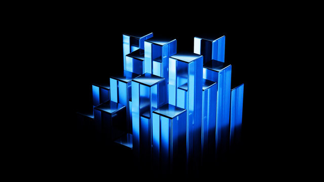 Abstract blue metallic cubes and rectangles of different sizes are forming a futuristic cityscape on a reflective black background, creating a visually appealing and modern abstract composition - Powered by Adobe