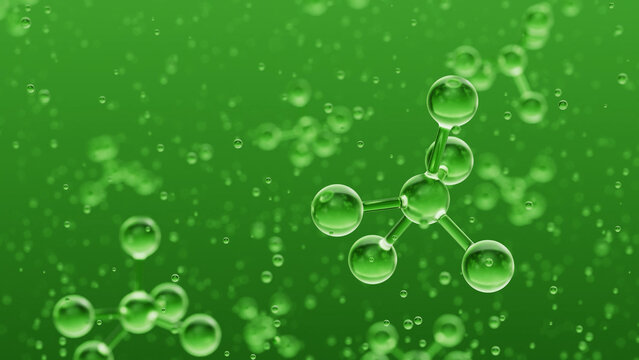 Green molecules floating in liquid creating an abstract scientific background, perfect for projects related to chemistry, biology, medicine, or any other scientific field