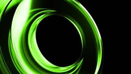 Smooth, swirling, bright green shape elegantly forms a circular opening against a stark black backdrop, creating a visually striking contrast and a sense of depth