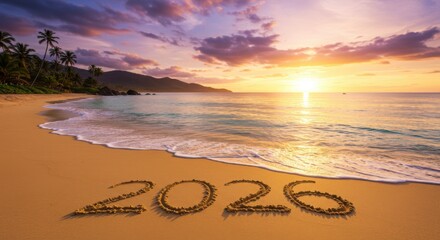 Sunset beach with 2026 written in sand and palm trees in background  