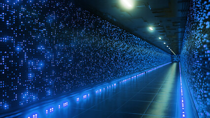 Futuristic server room corridor with blue lights flowing along walls, creating a visual representation of data transfer and advanced technology