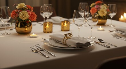 Elegant dinner table set for celebration with flowers and candles for New Year 2026  