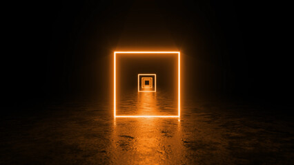 Glowing orange neon square light is illuminating dark empty room with reflections on the floor creating a mysterious and futuristic atmosphere