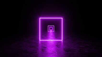 Glowing purple neon light illuminating a square tunnel, reflecting off a wet concrete floor and creating a captivating, futuristic ambiance against a dark backdrop