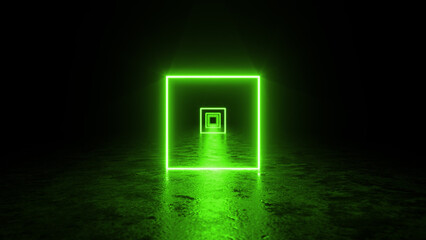 Glowing green neon square light creating a tunnel effect on a dark background with reflections on the wet floor is a perfect visual for technology, futuristic, and abstract concepts
