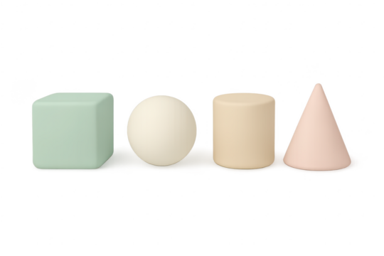 Geometric shapes, cube, sphere, cylinder and cone isolated on transparent background - Powered by Adobe