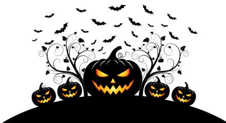 A spooky halloween scene with a large carved pumpkin, smaller pumpkins, bats, and swirling vines isolated on transparent background