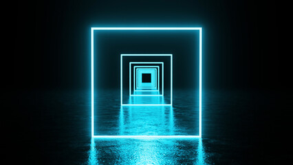 Glowing neon squares forming a tunnel effect, reflecting vibrantly on a wet floor in a dark, empty room, create a futuristic and abstract atmosphere full of mystery and energy