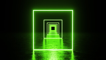 Glowing green neon squares creating a tunnel effect reflecting on a wet floor in a dark empty room, perfect for backgrounds and futuristic designs