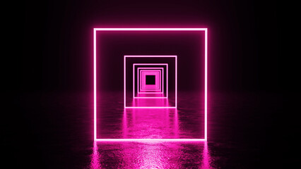 Creating a mesmerizing tunnel effect, pink neon squares glow vibrantly, reflecting on a wet floor in a dark, empty room. Ideal for futuristic designs and captivating backgrounds