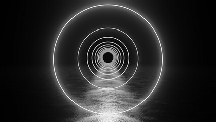 Bright white neon circles create a futuristic tunnel within a dark room, featuring a shiny floor that reflects light, evoking a portal to another dimension filled with mystery and exploration