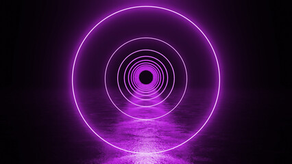 Glowing purple neon circles form a futuristic tunnel, reflecting vibrantly on the wet floor beneath in a dark environment, creating an immersive, abstract backdrop