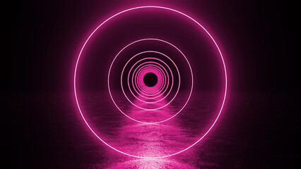 Glowing pink neon circles create a mesmerizing tunnel effect on a reflective surface, enhancing the sense of depth and embodying a futuristic design aesthetic
