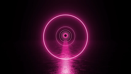 Pink neon circles are creating a mesmerizing tunnel effect on a reflective surface, evoking a futuristic and vibrant atmosphere with a sense of depth and perspective