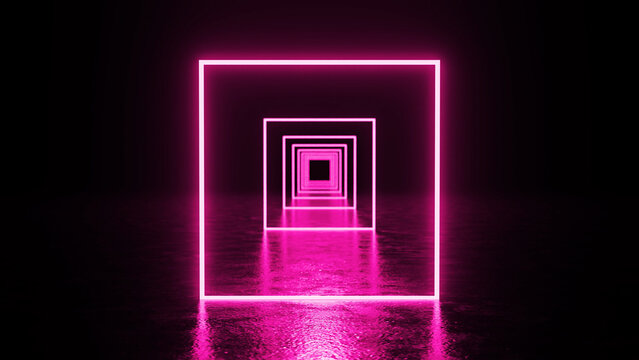 Creating a mesmerizing tunnel effect, pink neon squares glow vibrantly, reflecting on a wet floor in a dark, empty room. Ideal for futuristic designs and captivating backgrounds