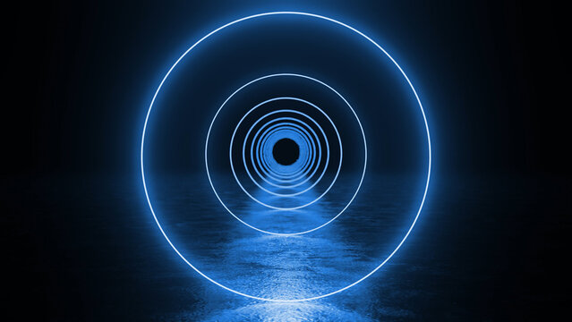 Blue glowing neon circles are creating a futuristic tunnel in a dark room with a wet floor, perfect for backgrounds and science fiction concepts