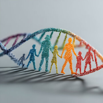 Vibrant family figures holding hands within a colorful DNA helix symbolizing genetic heritage and interconnectedness