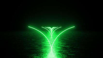 Green neon lights are forming an abstract arch shape, illuminating a dark space with a mysterious and futuristic ambiance, suitable for various backgrounds and designs