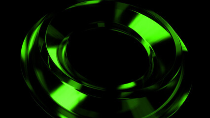 Multiple glossy green metallic rings rotating against a deep black background, creating a mesmerizing display with dynamic reflections and vibrant highlights, evokes a sense of futuristic energy