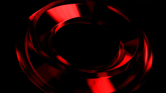 Smooth red metallic rings are rotating on a black background, creating a dynamic and futuristic abstract composition with a central empty space