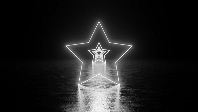 Multiple neon stars illuminating a tunnel on a dark reflective surface create a captivating, futuristic scene, blending vibrant colors with an abstract design that evokes energy and inspiration