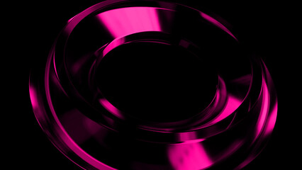 Smooth pink metallic rings are rotating, creating a circular frame with empty space in the center on a black background, perfect for modern and elegant designs