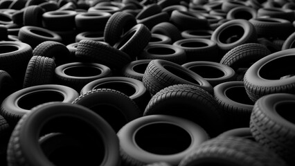 Creating a striking landscape of waste, a massive pile of used tires underscores the pressing environmental challenge of tire disposal and the importance of recycling efforts for sustainability © MIKHAIL
