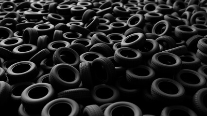 Numerous black tires are stacked and scattered, creating a vast and dense pile that dominates the...