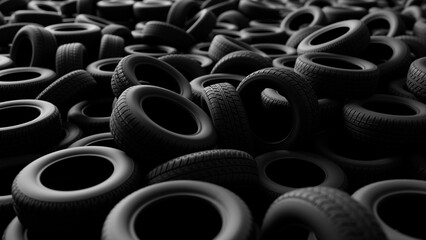 Stacked black tires forming a dominant pile, highlighting themes of recycling and waste management...