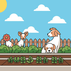 Fototapeta premium Dogs in a backyard with plants and a fence under a sunny sky.