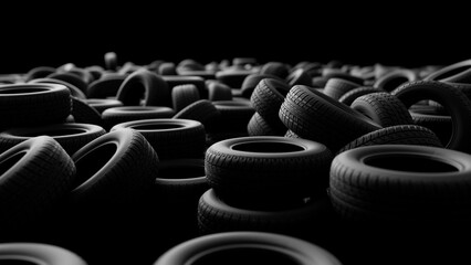 Numerous black tires are stacked and scattered, creating a striking visual against a dark...