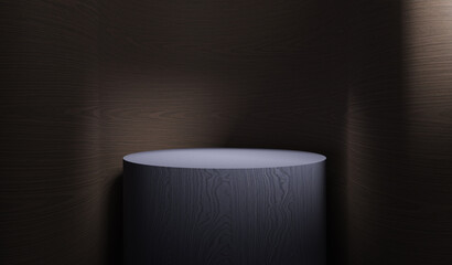 Wooden podium for product demonstration. Winner pedestal on dark wood background. 3d illustration