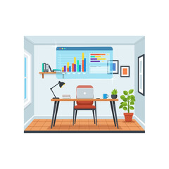 Modern office desk with computer and charts in a bright room.