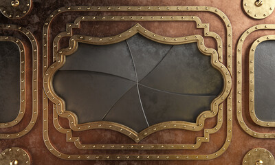 Steampunk style metal wall with brass borders. Closed metal hole or door.  