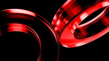 Abstract 3d rendering of glossy red metallic rings rotating against a black background, creating a dynamic and visually appealing composition