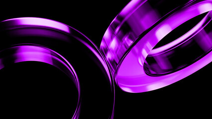 Two purple metallic rings rotating against a black background create a dynamic and visually captivating abstract composition, showcasing motion, energy, and modern design elements