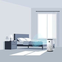 Bedroom with an air purifier near a window and bed.