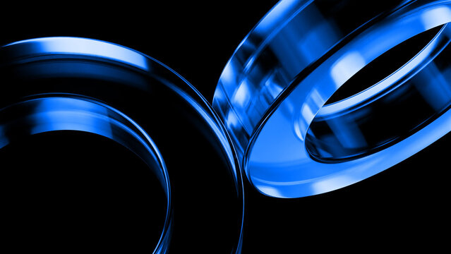 Shiny blue metallic rings rotating and intersecting against a black background, creating an abstract and visually appealing design with a sense of motion and depth