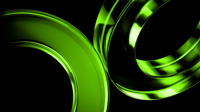 Featuring abstract green metallic rings rotating gracefully in a dark, empty space, creating a dynamic and modern composition filled with energy and sleek design elements