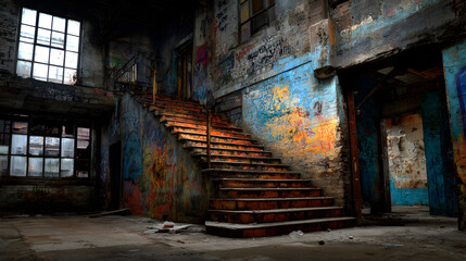 Gritty urban decay with vibrant graffiti art on weathered brick walls and rusty staircase in abandoned industrial building