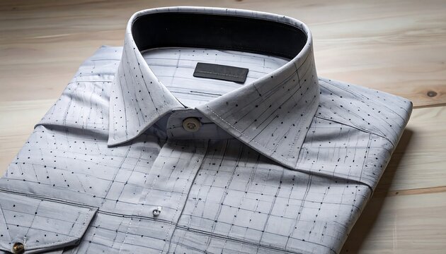 Light gray button-down shirt on wooden table