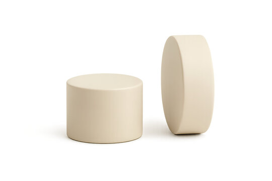 Two minimalist beige cylindrical display stands isolated on transparent background