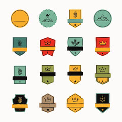 A versatile collection of retro-inspired flat design badges and emblems, featuring diverse shapes and icons ideal for modern branding and creative projects.