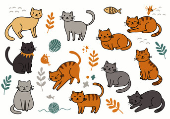 A charming collection of hand-drawn cartoon cats in various playful poses and colors, surrounded by whimsical natural elements on a white background.