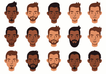 A diverse collection of illustrated male avatar faces showcasing various ethnicities, hairstyles, and facial hair, perfect for modern digital design projects.