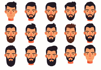 A modern compilation of fifteen unique male cartoon faces, each displaying a different beard style and contemporary hairstyle, ideal for diverse grooming illustrations.