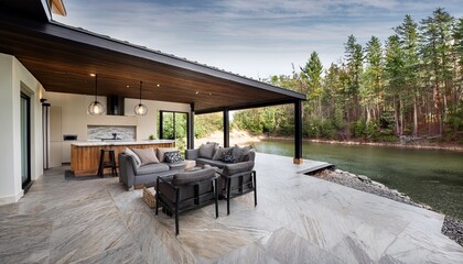 modern farmhouse outdoor patio with light grey marble flooring black walls and roof wood furniture natural stone fire pit built in couches and bar table near forested backyard and water